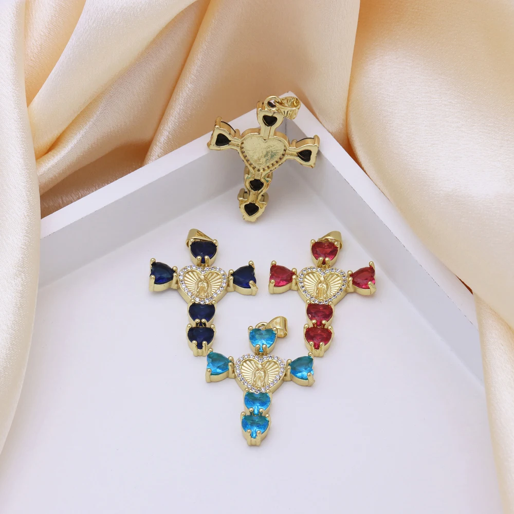 5 pcs/lot Fashion Virgin Mary Heart Cross Pendant Necklace Gold Plated Brass CZ Elegant Collarbone Chain for Women
