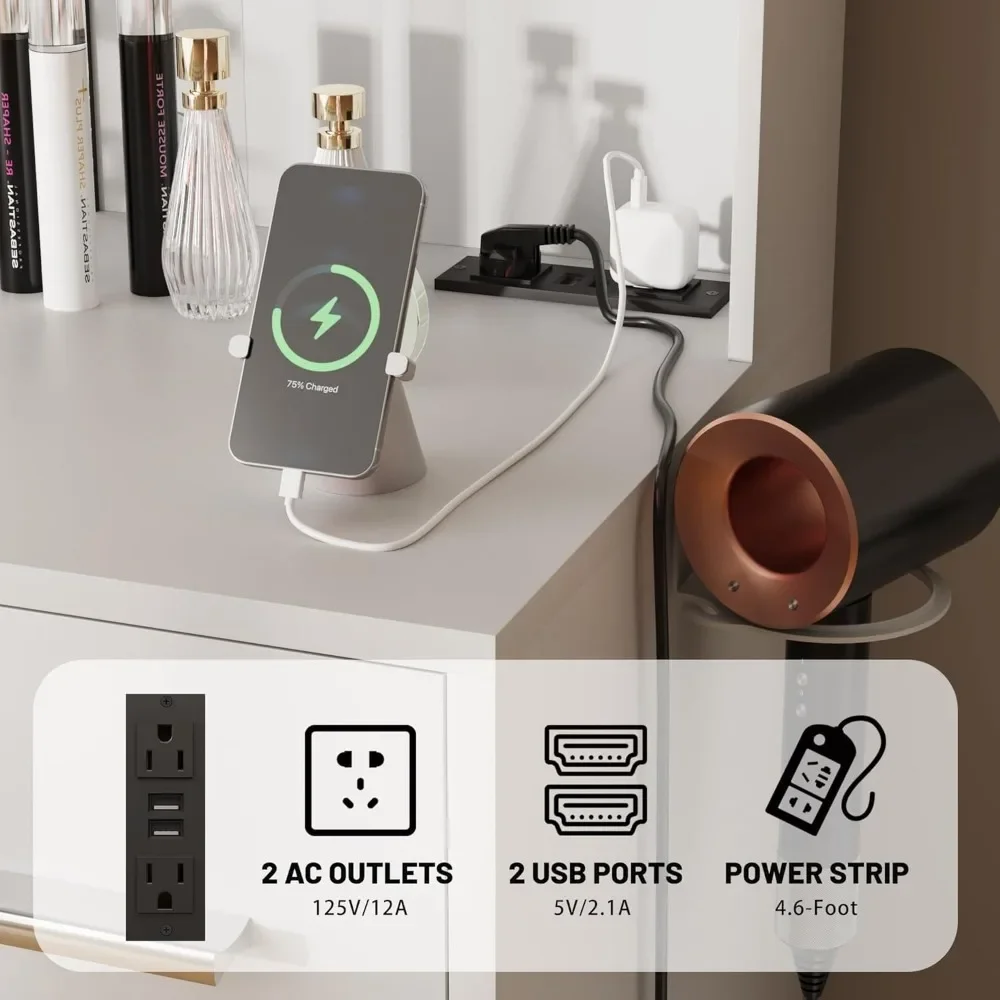 مكتب فانيتي مع مرآة، وأضواء LED وطاولة مكياج بمنفذ طاقة مع 7 أدراج، ومجموعة زينة هوليوود مع/6 أرفف وبناء #6