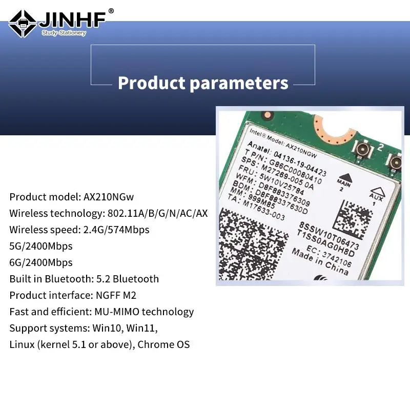 Tarjeta inalámbrica para ordenador portátil y PC, AX210 6E para Intel adaptador WiFi, Bluetooth 5,3 M.2, AX210NGW, 2,4 Ghz, 5Ghz, 6Ghz, 5374Mbps, 802.11ax