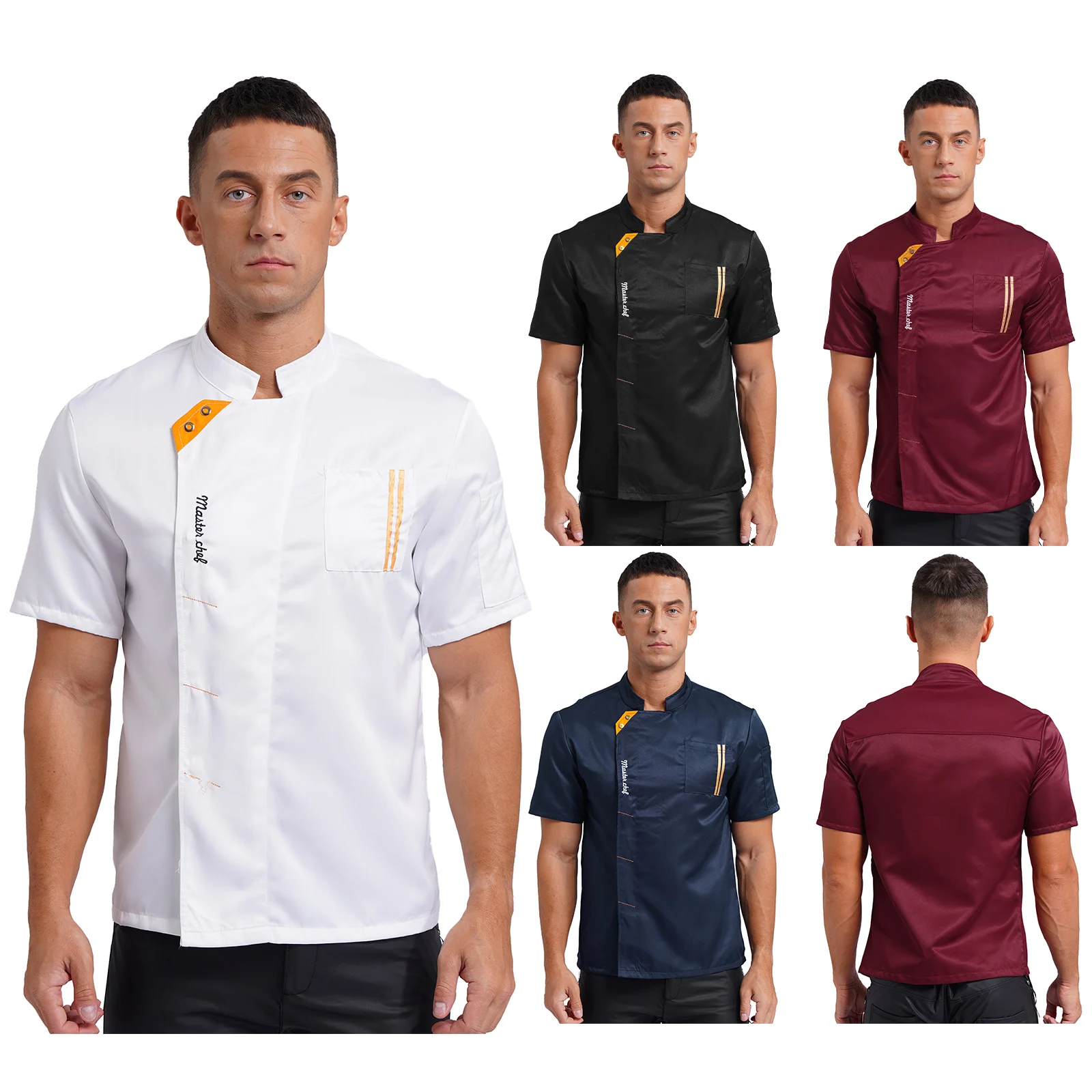 Chef camisa do trabalho uniforme masculino e feminino, jaqueta, gola, mangas curtas, carta bordada, café, restaurante, cozinha, tops de cozinha