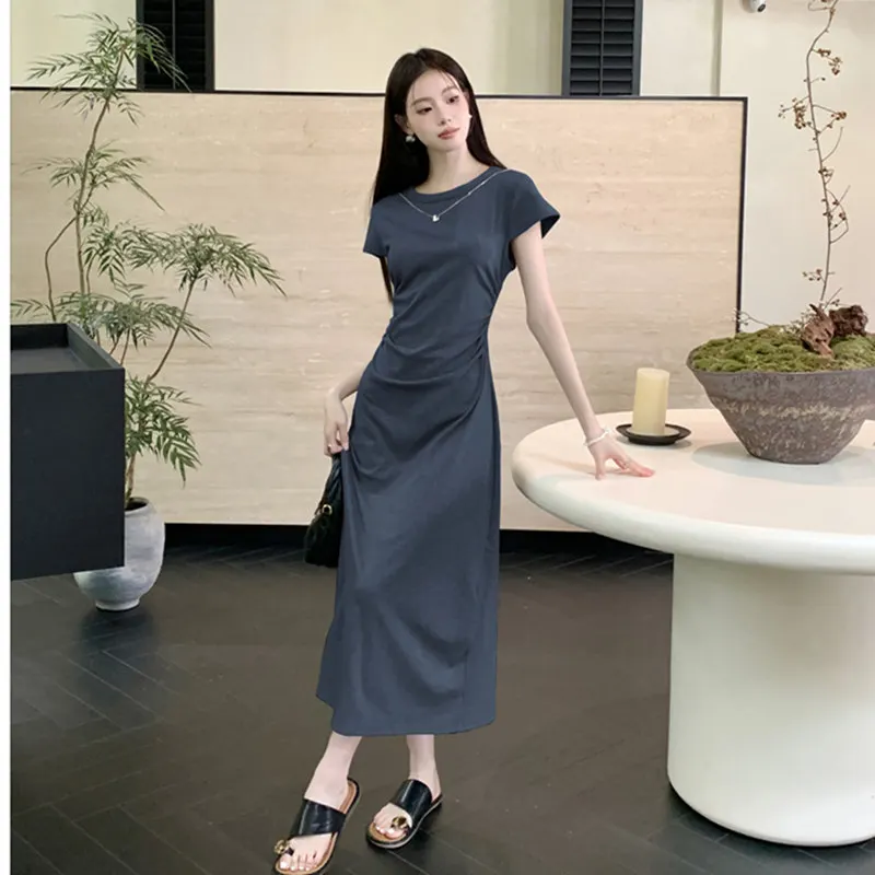 2025 夏の新韓国半袖 Tシャツドレスロングドレス女性カジュアルファッションスウィーティー気質スカート美少女