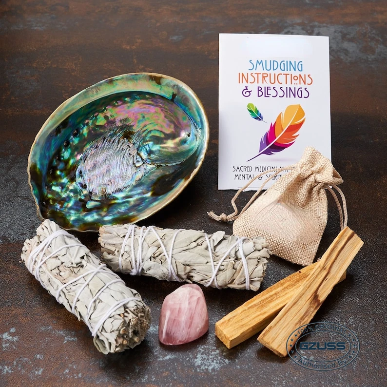 

Sage Smudge Kit with 2 White Sage Bundles 4" inch, 2 Palo Santo Sticks, Abalone Shell 5-6" inch, Rose Quartz & Instructions