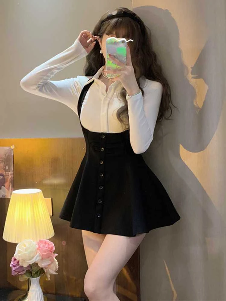 2023 Winter Preppy Style Sweet Suit Woman White Long Sleeve Blouse High Waist Slim Mini Dress Party Y2k Fashion Dress Korean