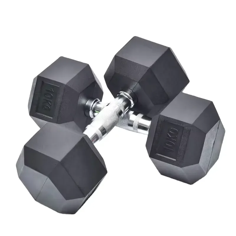 Black Free Weight Pair Set Rubber Coated Steel Fitness Cast Iron Hexagonal Dumbbells