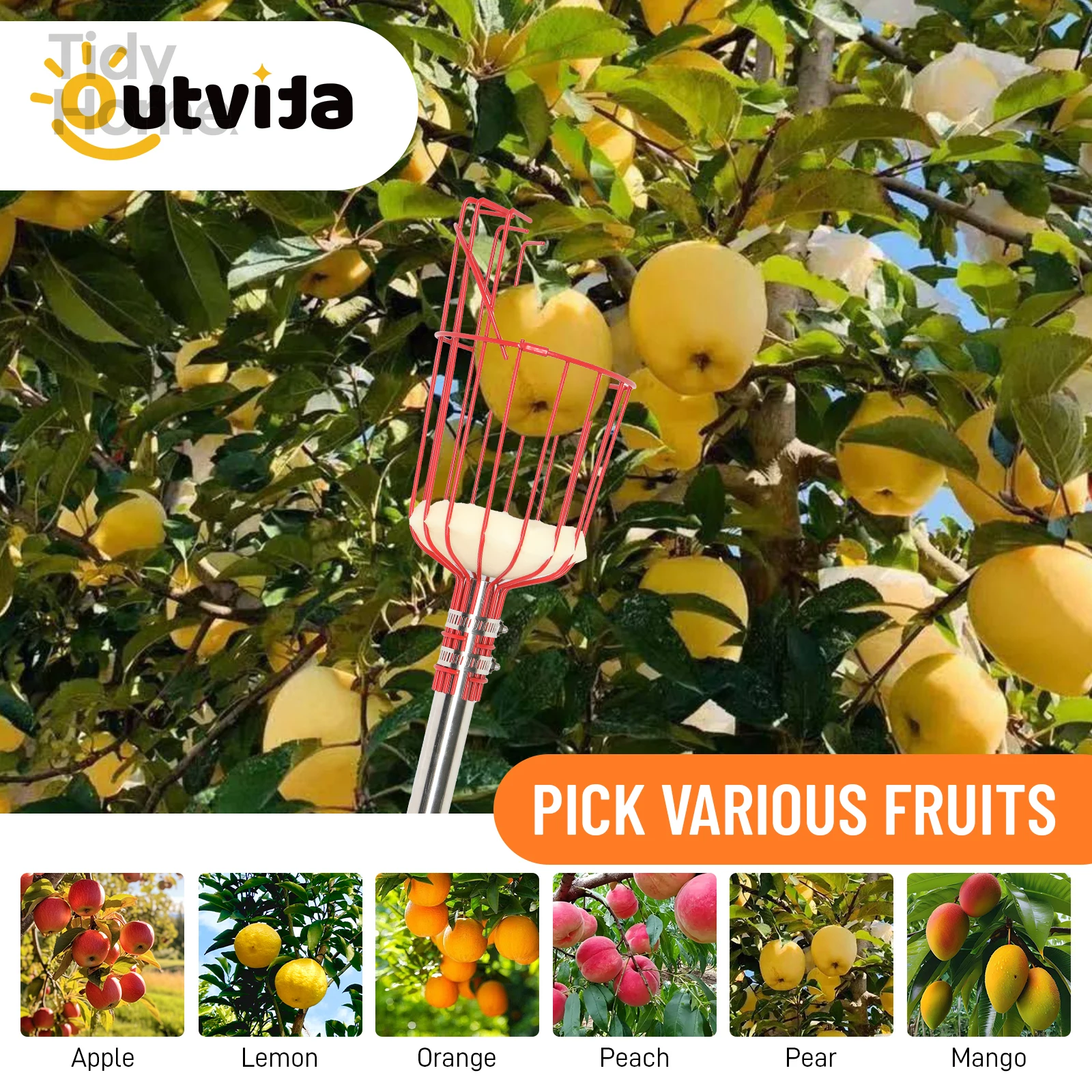 13FT Fruit Picker Tool, Stainless Steel Adjustable Fruit Picker with Basket, Mango, Fig, Acorn, Pear, Pomelo, Lemon Picker
