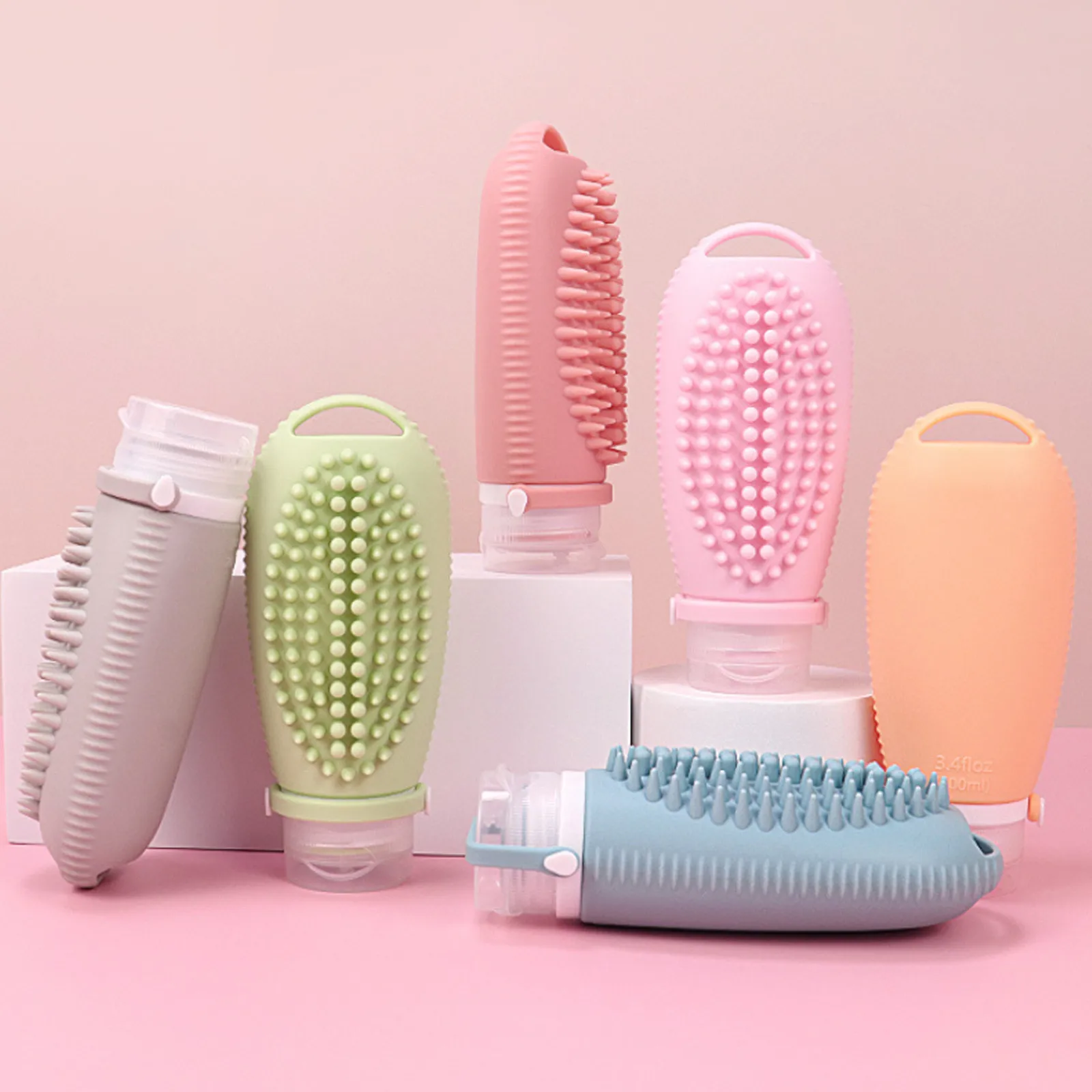 Silicone Portable Business Trip Shampoo Massage Brush Lotion Bottle Shampoo Brush Two-in-one Travel Bottle