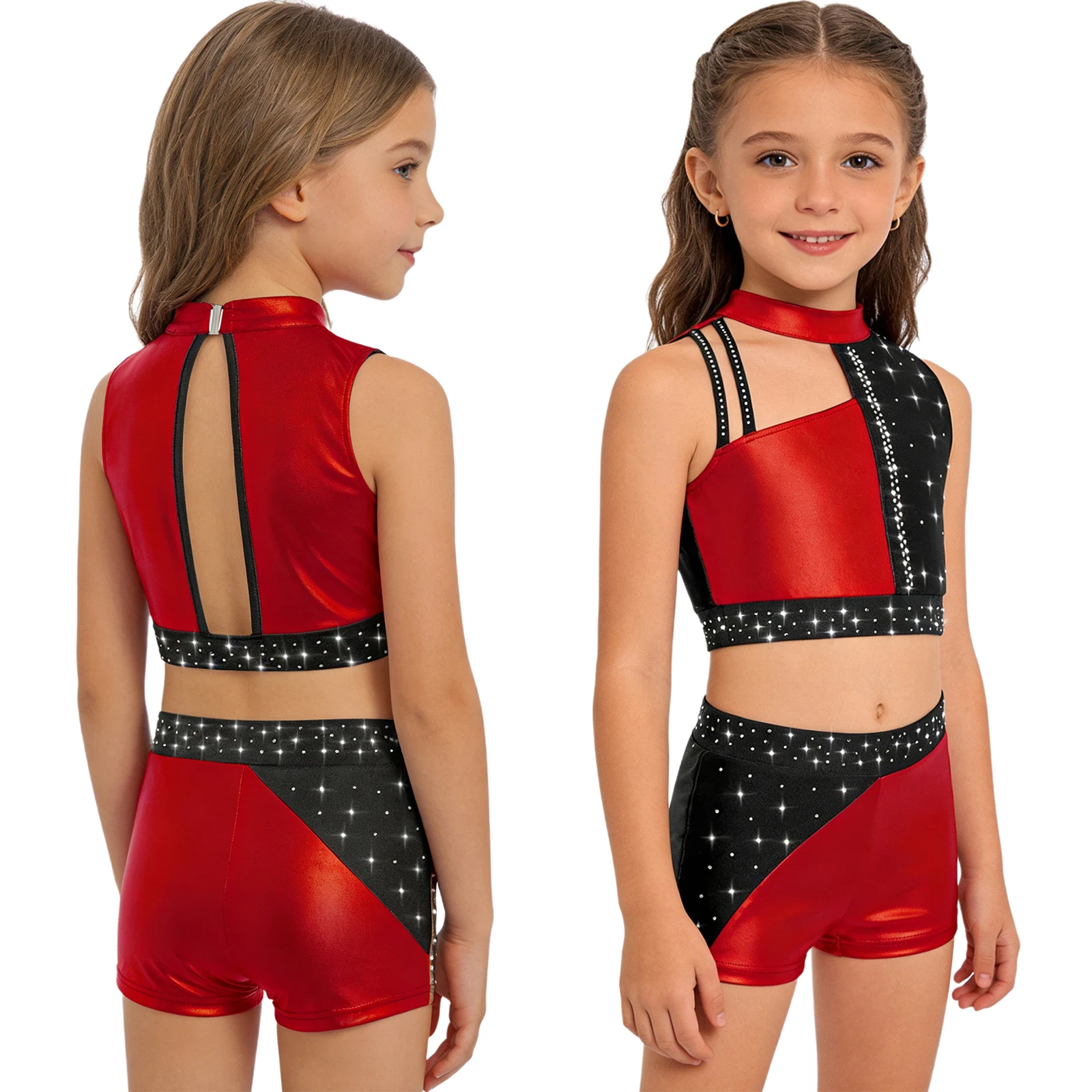 

Детские укороченные топы без рукавов с блестящими стразами для художественной гимнастики и шортами для балета, танцев, фигурного катания, акробатики, наряды