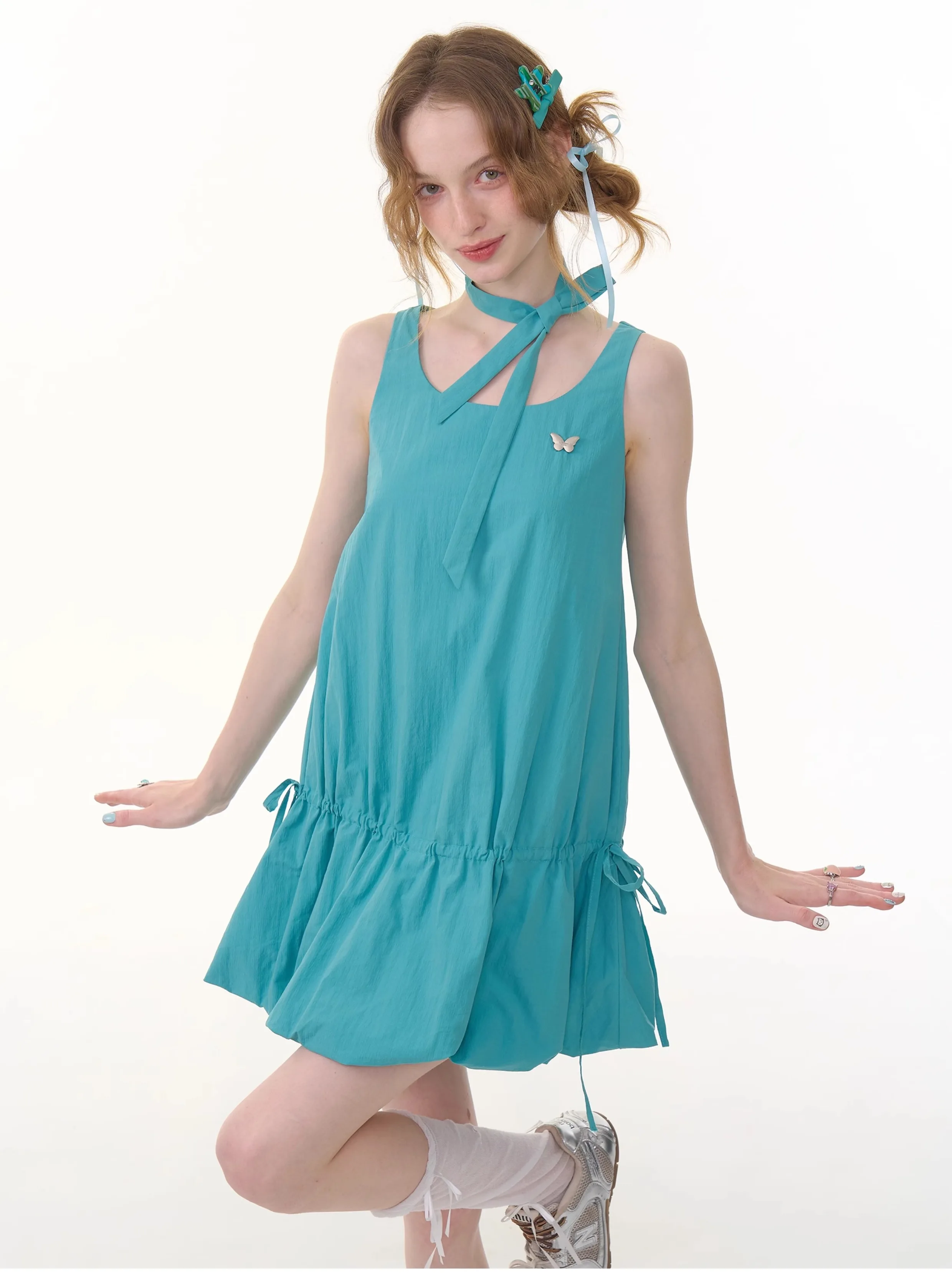 

Summer American Design Sense Lace-up Bud Hem Waist Sling Vest Dress Women's Retro Dress Summer Dress Blue Sleeveless Dresses