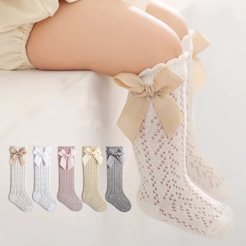 Baby Girls Knee High Socks Summer Bow Cotton Breathable Soft Children Socks Hollow Out Non-slip Kids Infant Long Mesh Socks 0-3Y