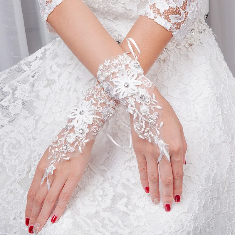 Guantes de boda cortos con cuentas de diamantes de imitación, flor de encaje nupcial, sin dedos, Rocío, accesorios para novia, ST017