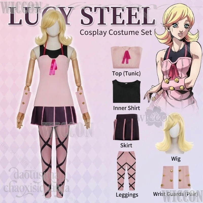 Disfraz de Anime Jooooo7 SBR Cosplay Lucy Steel, Vestido Kawaii Rosa con Rayas, Pantalones, Pelucas Doradas Claras, para Halloween, Navidad y Fiestas