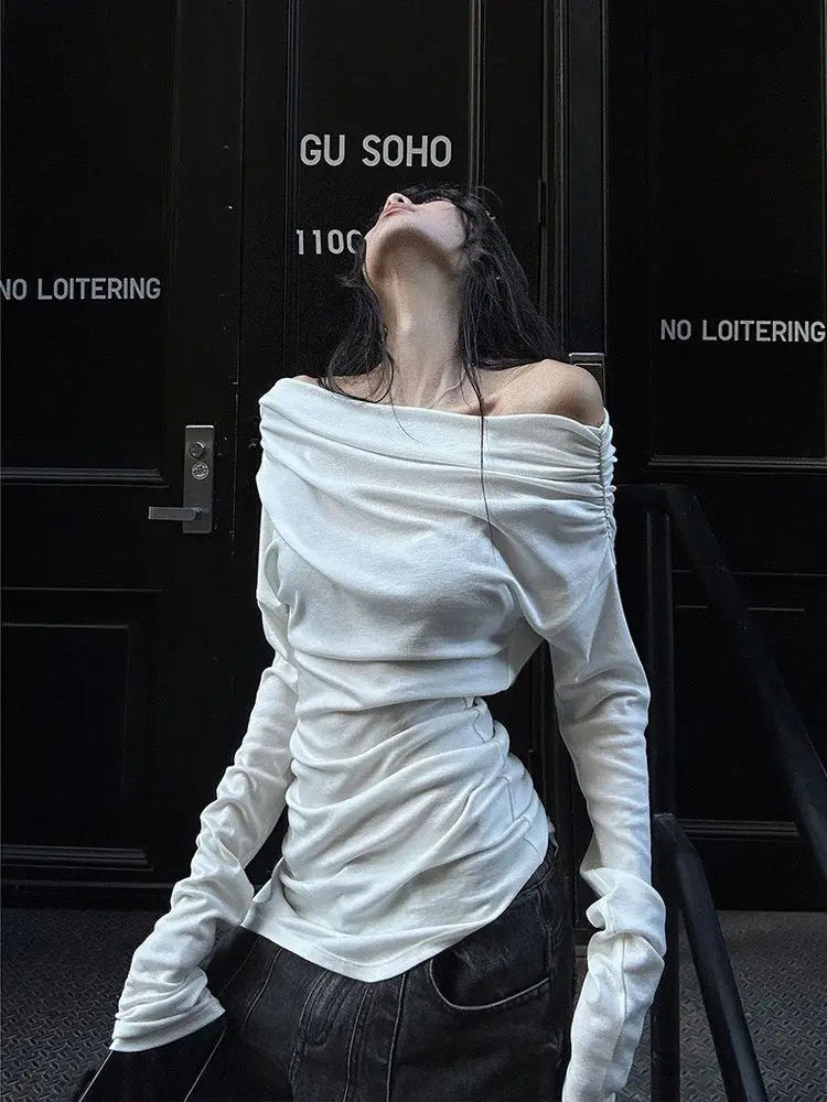 Irregular Spice Girls Minority Tshirt Slash Neck Off Shoulder New All-match Ropa Mujer Slim Ruched Ins Hop Moda Tops