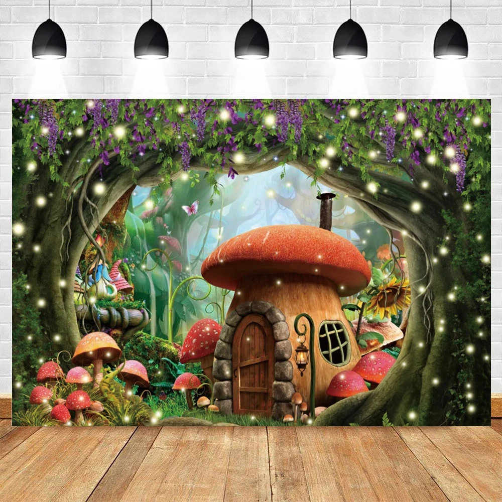 

Dreamlike Mushroom Castle Baby Birthday Photocall Backdrop Spots Party Decor Photographic Photography Background Photo Studio