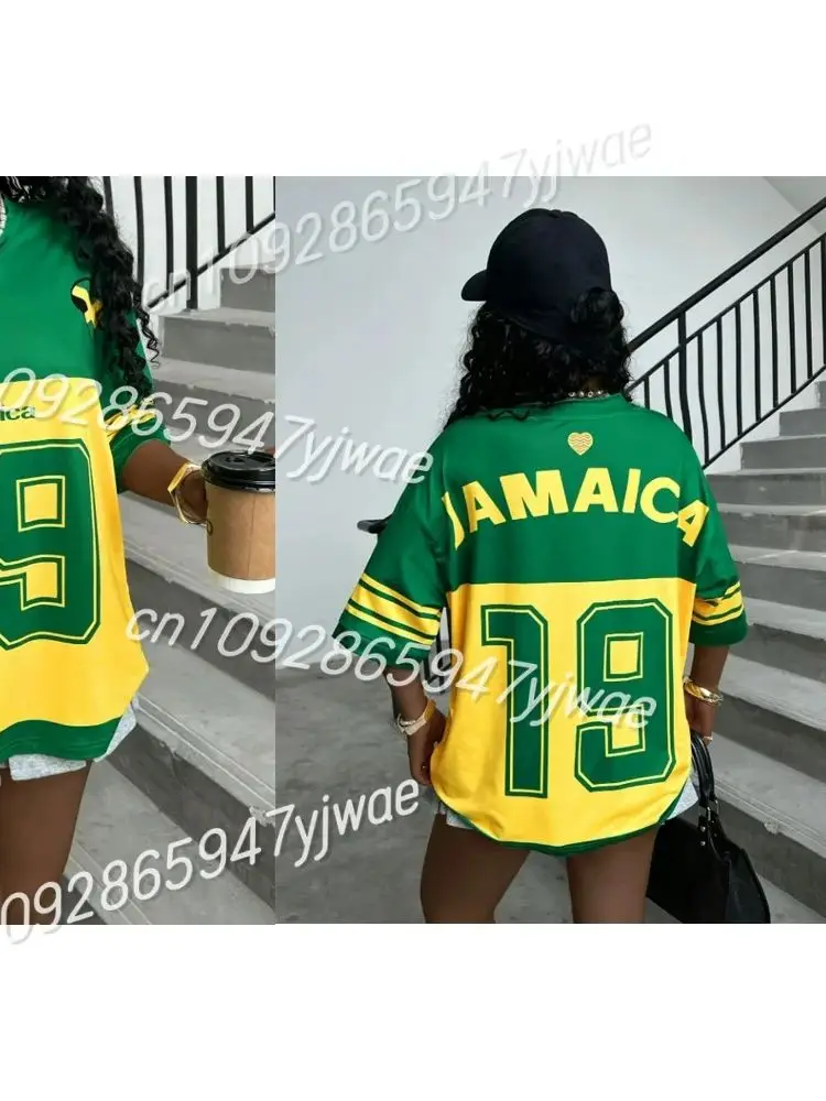 المرأة جامايكا طباعة الخامس الرقبة قصيرة الأكمام ثقب تي شيرت الصيف الجرافيك المحملة البيسبول الفانيلة حجم كبير تي شيرت رياضي