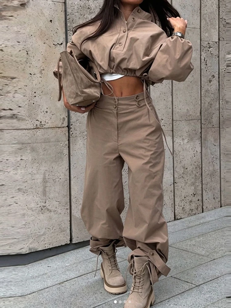 New Drawstring Long Sleeve Crop Top High Waist Wide Leg Pants Suit Women 2 Piece Cargo Outfit Solid Casual Streetwear Daily Sets