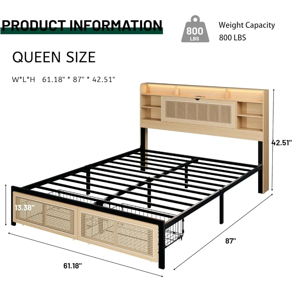 إطار سرير بحجم كوين مع لوح أمامي للتخزين ، منصة خيزران صناعي ، سرير مع محطة شحن وإضاءة ليد ، خالية من الضوضاء ، طبيعية
