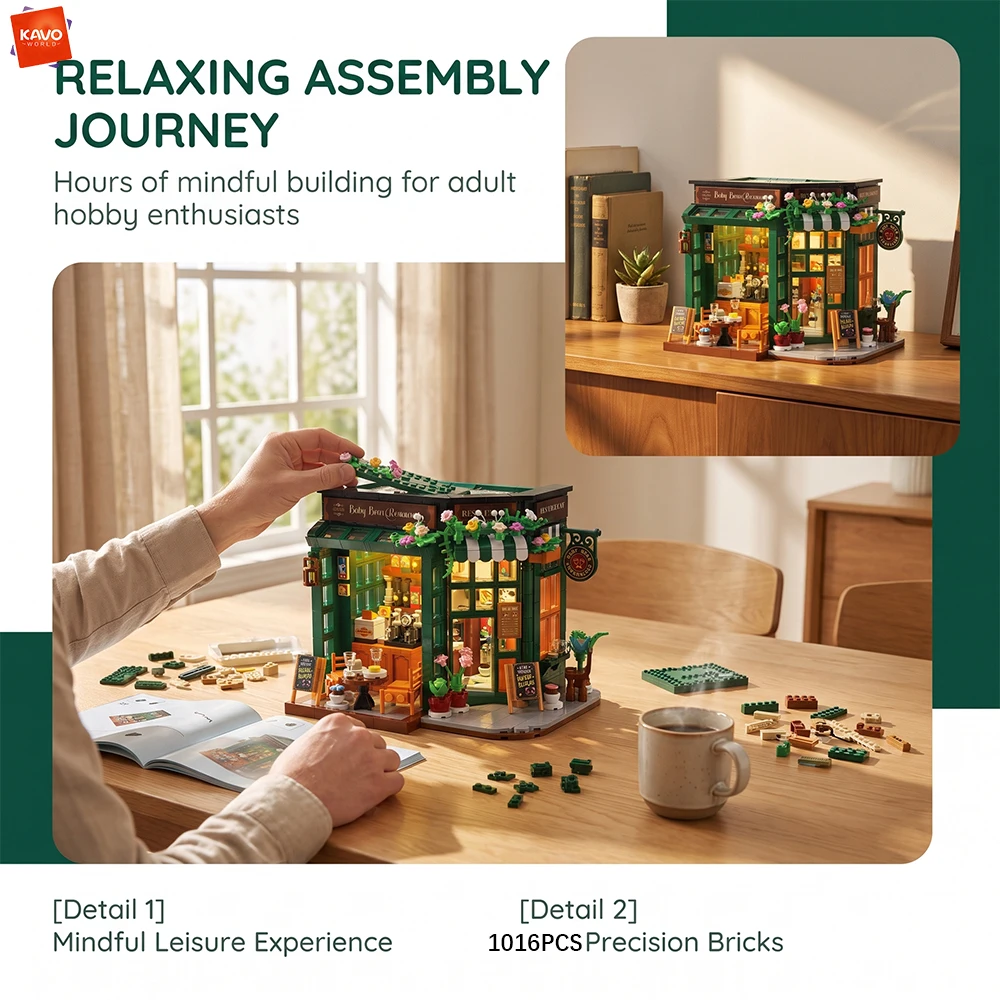 KAVOWORLD 1016PCS Cute Bear Restaurant City Building Streetscape Blocks Set Mini Restaurant Architecture Model Gifts for Kids