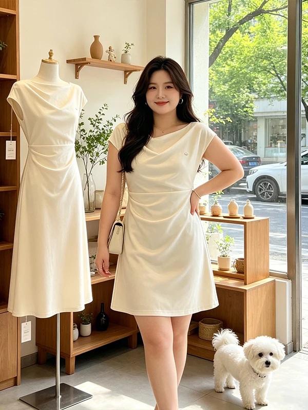 

plus Size Women's Summer Dress 2026 New Style A-Line Waist-Cinching Slimming Pleated One-Shoulder Casual Midi Dress for Ladies