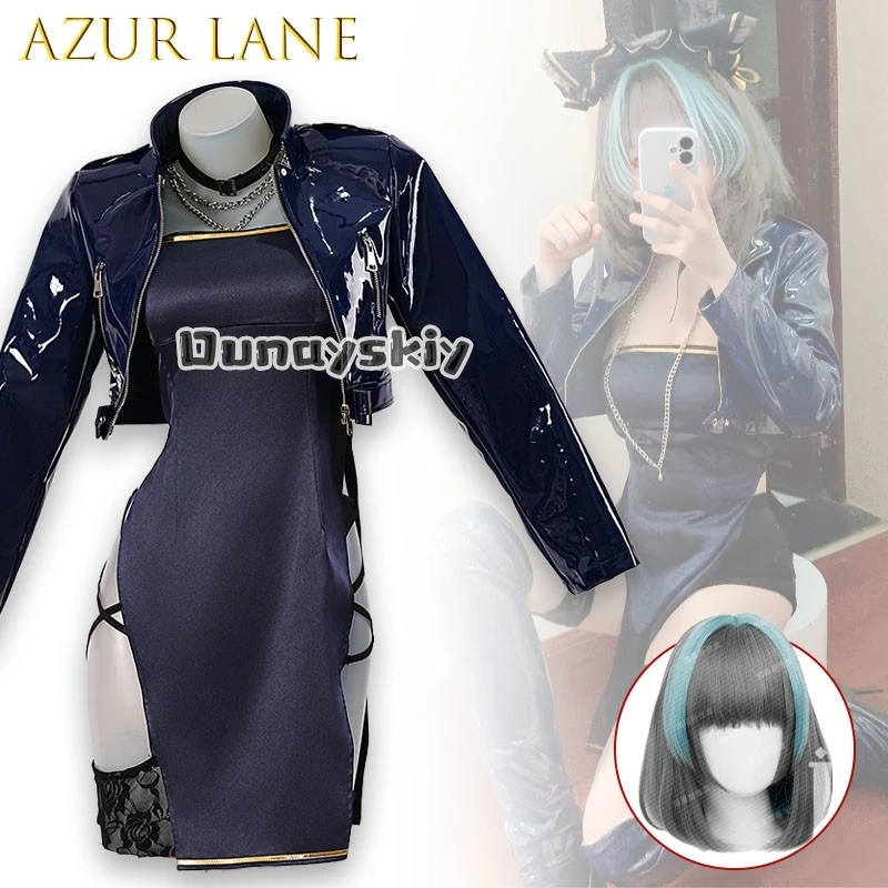 LWW28*Azur Lane Cheshire Daily Dress Cosplay Costume Full Set Blue White Cat Ears Thigh High Stockings Lace Skirt Bow Tie Tail - view 2