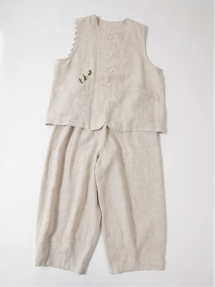 Artistic Simple Large Size Women's Vest Pure Color Linen Svel round Ne Double ket Loose Casual oulder Pad