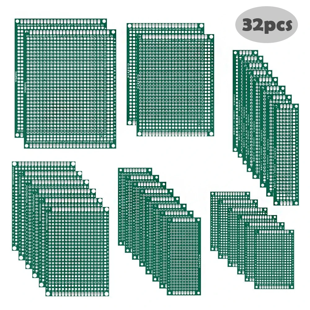 32PCS Double Sided PCB Board Prototype Kit 6 Sizes Universal Printed Circuit Protoboard For DIY Soldering Project