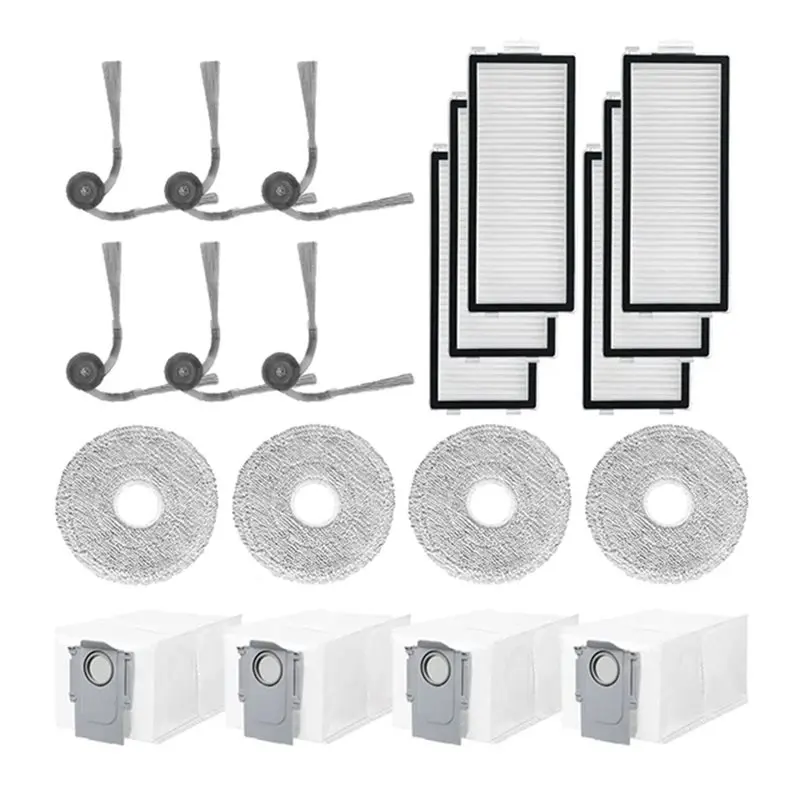 

Запасные части для робота-пылесоса Roborock Saros Z70: боковая щетка, HEPA-фильтр, салфетка для влажной уборки, мешок для сбора пыли.