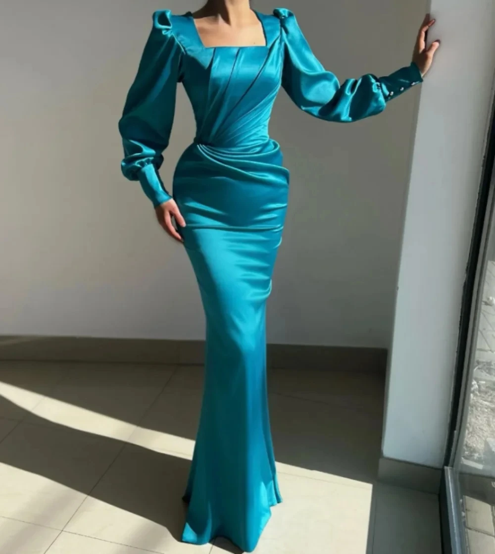 

Romantic Blue Satin Evening Gown Long Sleeves Party Prom Dresses Pleats Formal Long Dress For Red Carpet Special Occasion Wear