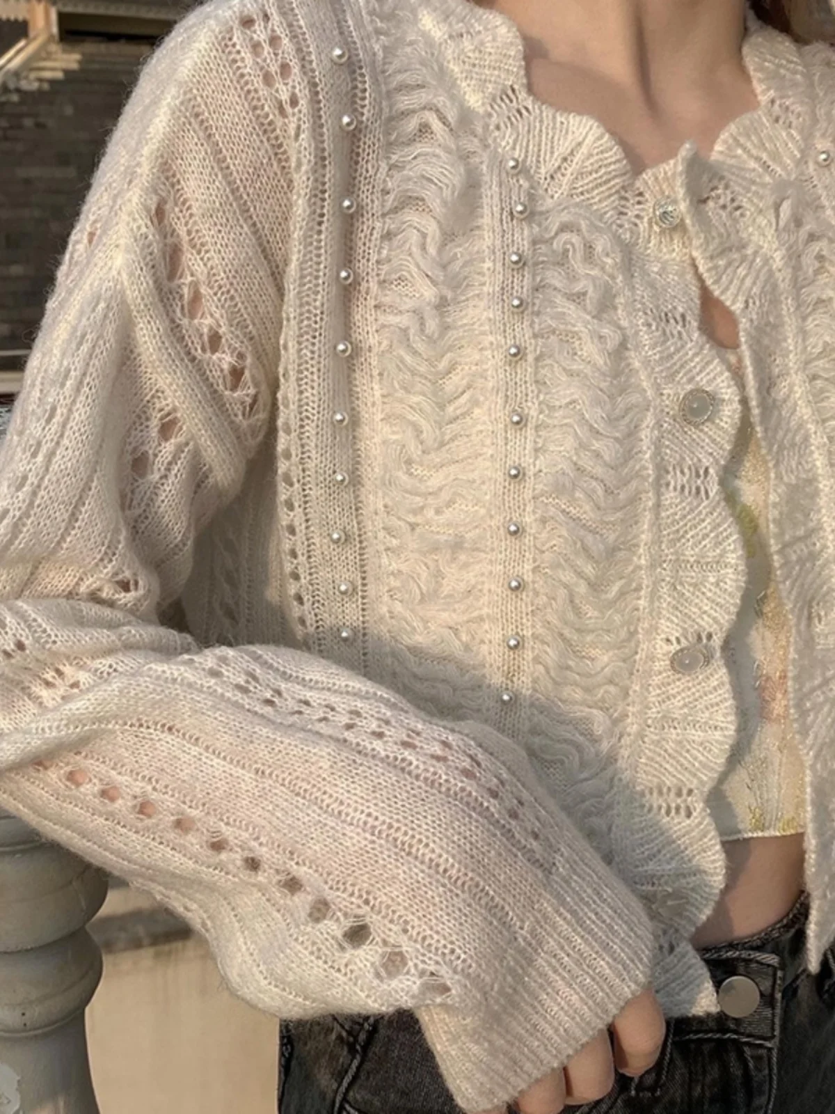 

Retro Pearl Petal Collar Knitted Sweater Women's Open Cardigan Embellied Hollow out Design Versatile Outerwear Top