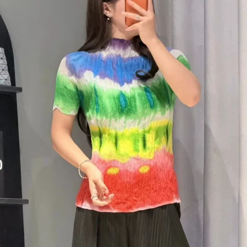 Miyake Pleated Fashion T-Shirt 2026 Summer New Printed Willow Short Sleeve Women's Lightweight Stretchy Semi-Transparent Top