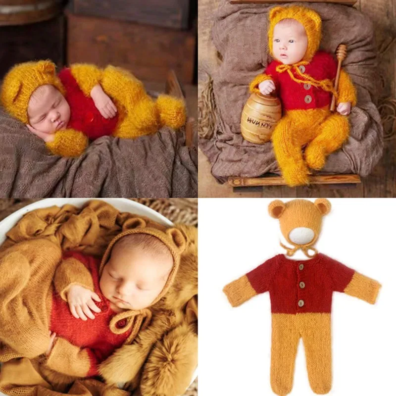 ❤️Newborn Photography Clothing Mohair Little Bear Hat+Jumpsuits 2Pcs/set Studio Baby Photo Prop Accessories Knit Clothes Outfits