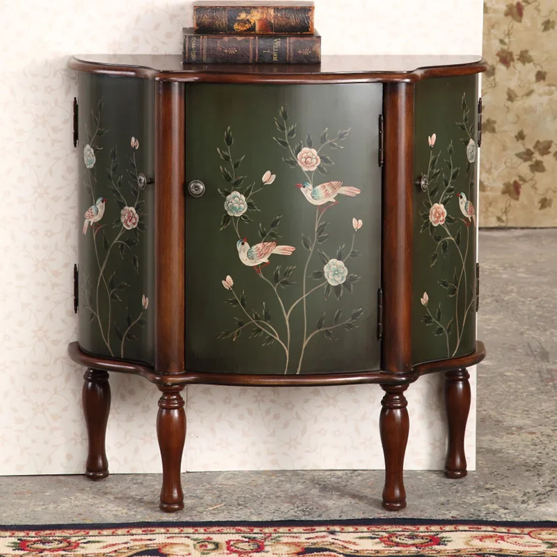 American retro entrance cabinet solid wood painted chest cabinet living room corridor decorative cabinet semi-round storage