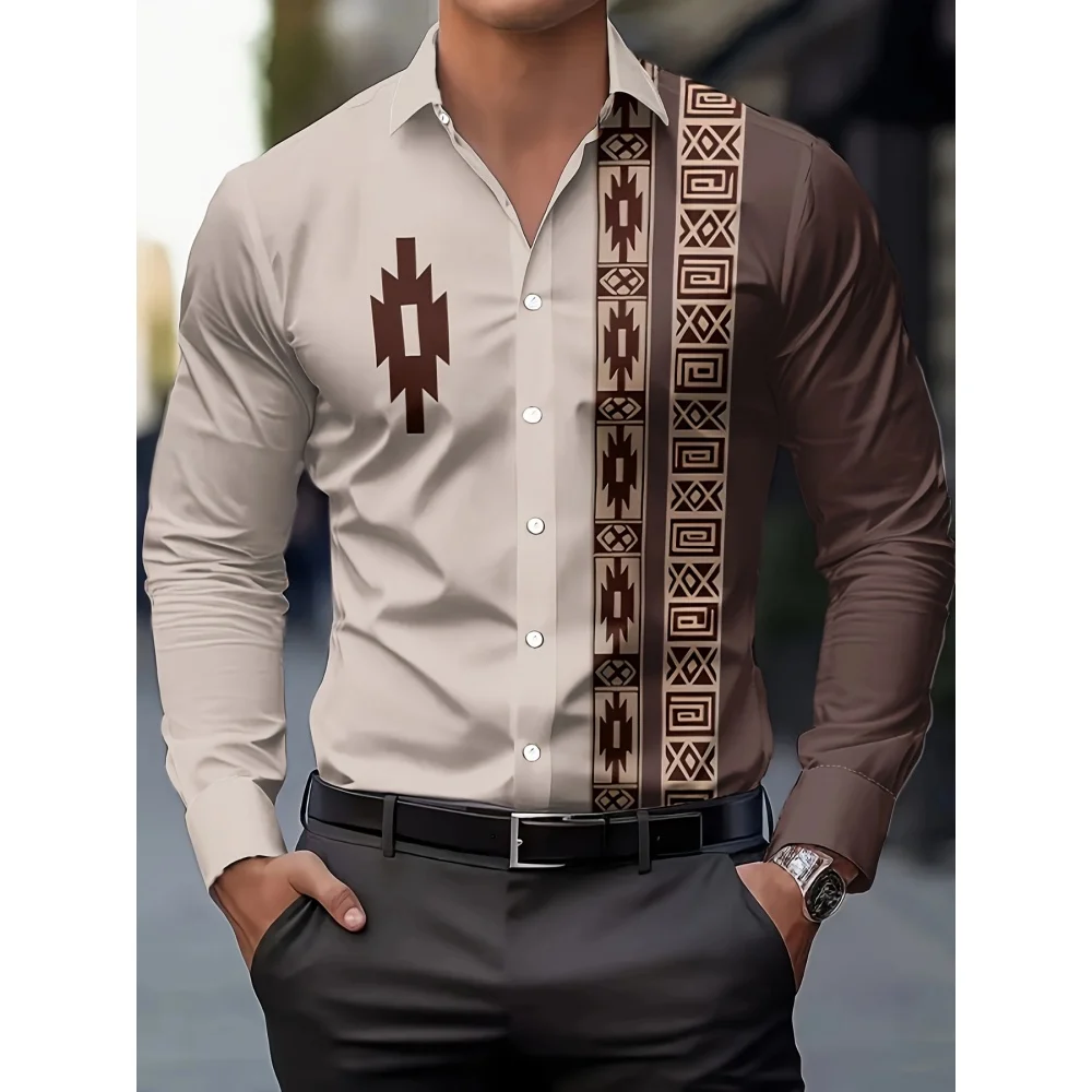 

Men's Long Sleeve Shirt Ethnic Style Fashion Geometry 3D HD Print Long Sleeve Fashion Casual Shirt Business Lapel Luxury Tops