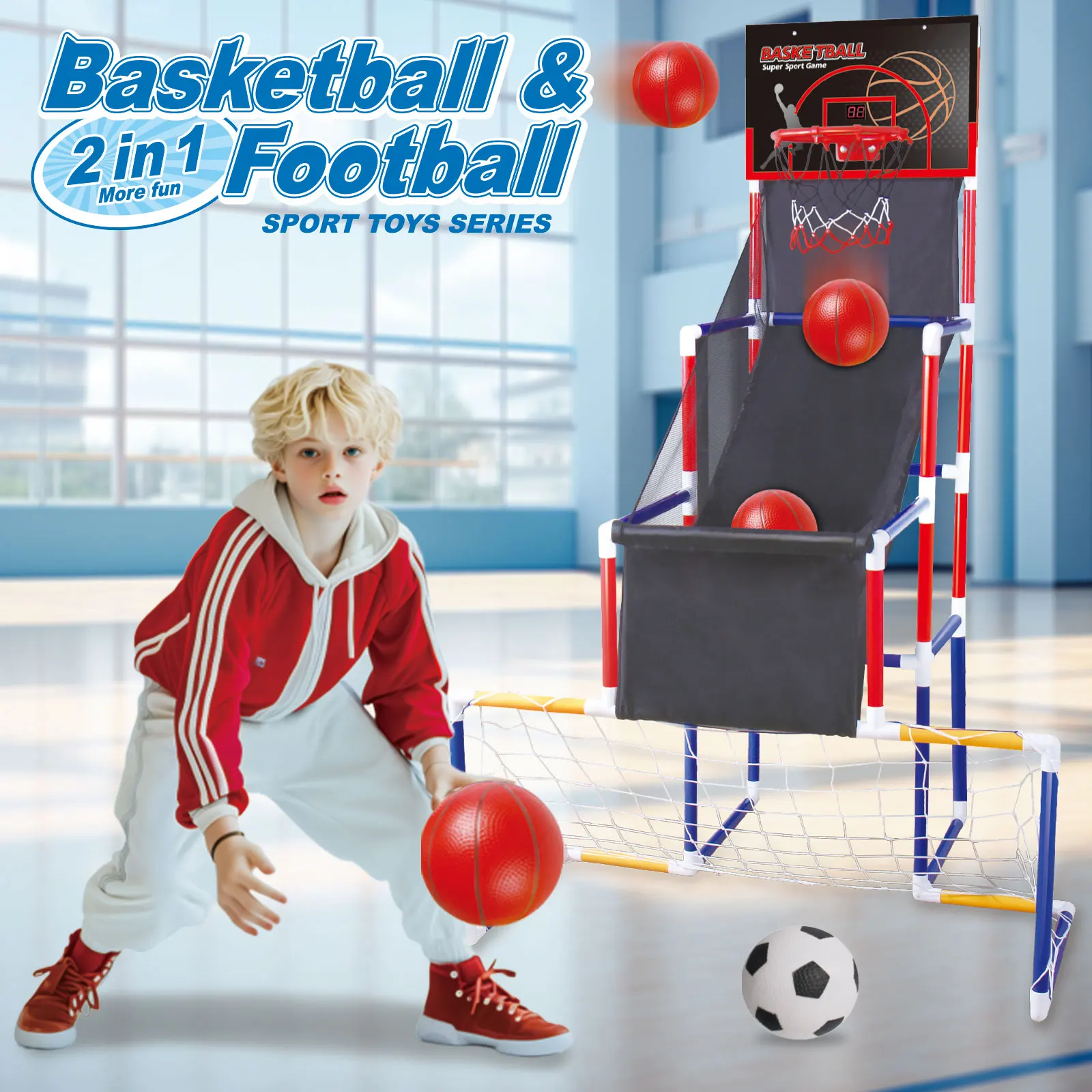 Juguetes deportivos 2 en 1 para sótano, portería de red de fútbol, marcador electrónico, juego de aro de baloncesto Arcade para niños 2025