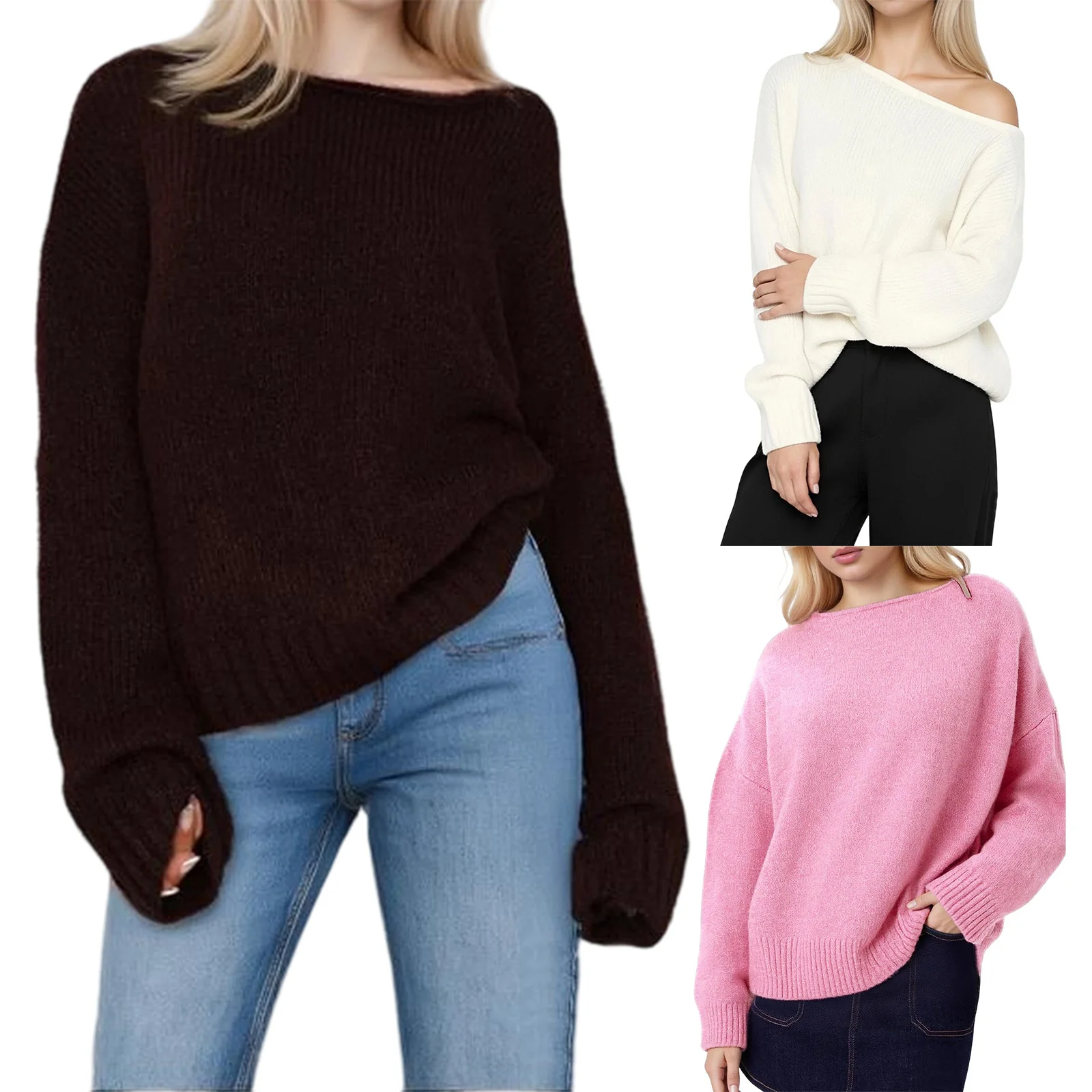 Pull à épaules dénudées pour femmes, coupe ample, décontracté, élégant, solide, garniture côtelée, dos nu, col bateau, manches longues, hauts en tricot