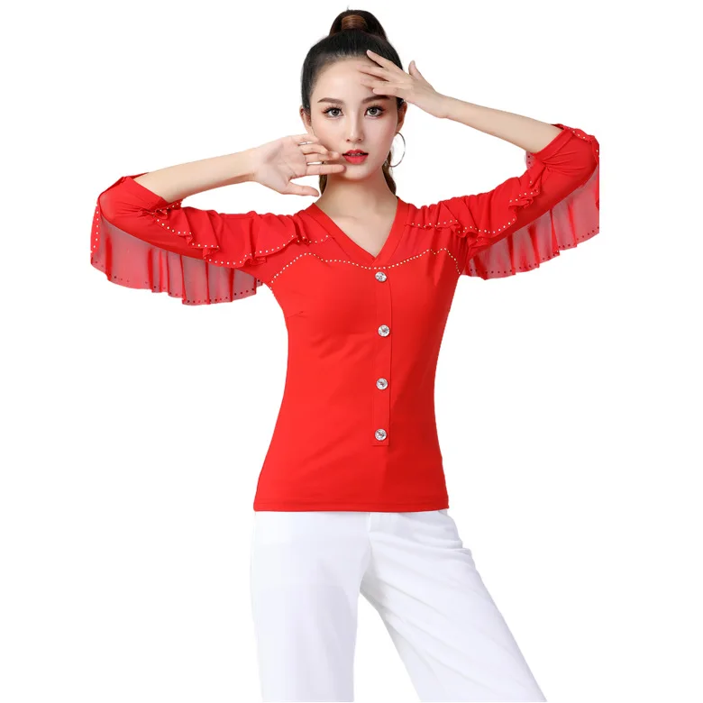 

Modern Dance Top Latin Git Bawaltz Social Lotus Leaf Sleeves Colorful Diamond Flowing Dance Top