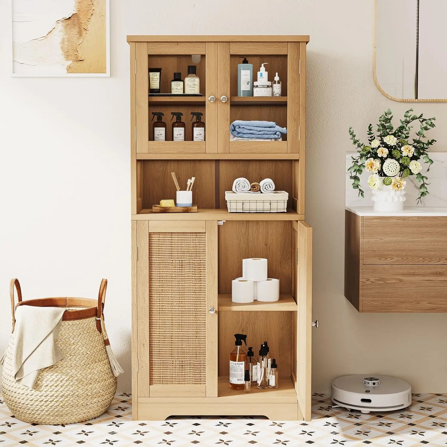 Rattan Bathroom Storage Cabinet, Bathroom Cabinet with Open Shelf, Large Display Cabinet with Rattan Doors, Kitchen Pant