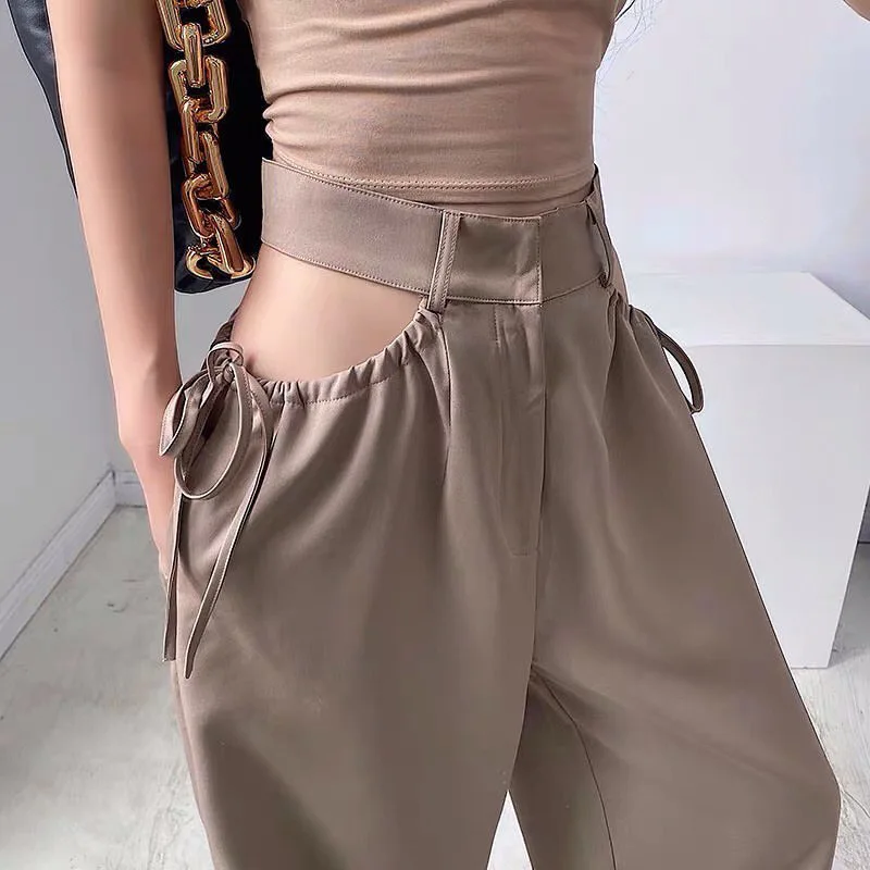 New Fall All-Match Drawstring Sexy Hollow Out Solid Color Trouser 2023 Summer Women High Waist Loose Thin Casual Khaki Pants