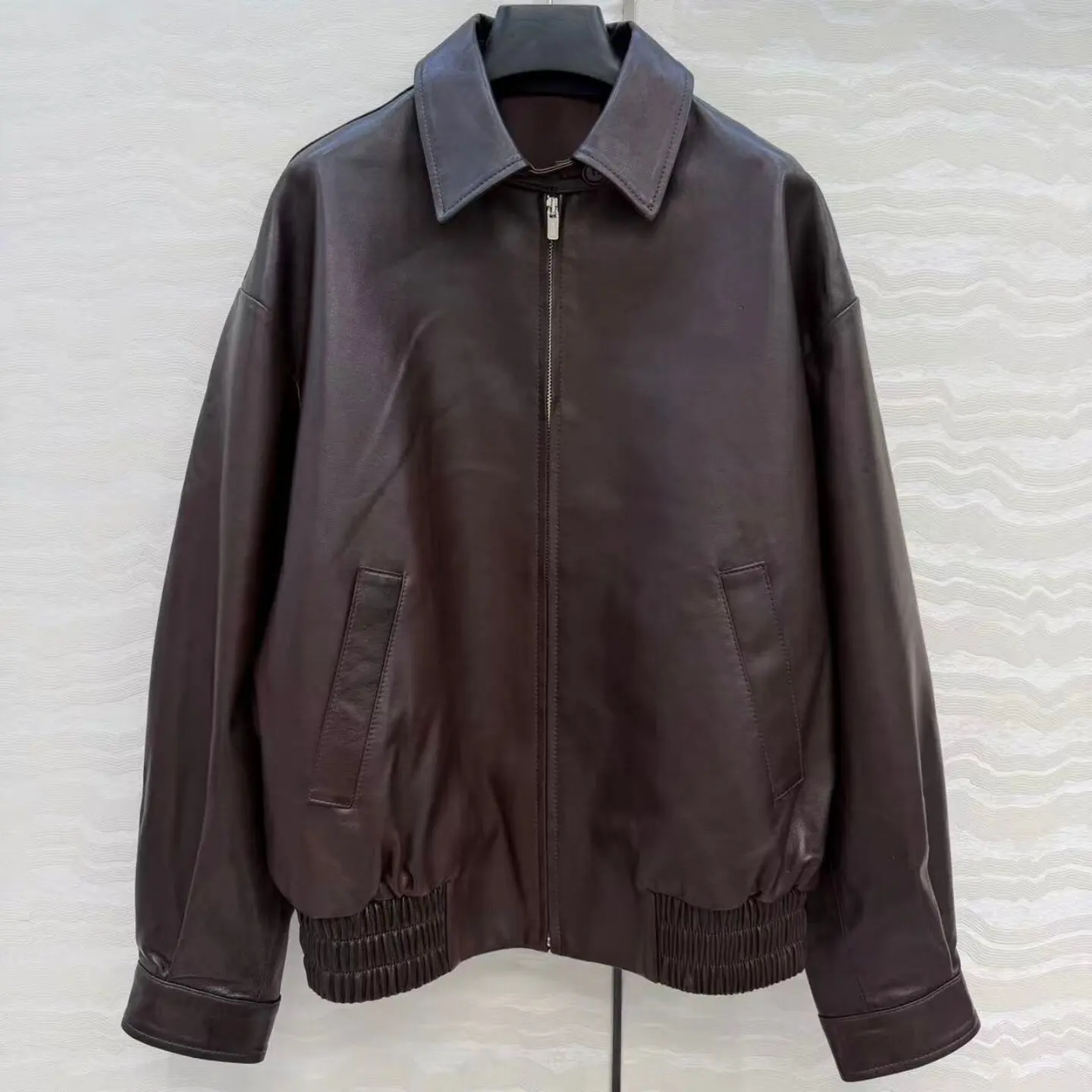 

Women's Chocolate Brown Vintage Relaxed Fit High-Waisted Zipper Lapel Sheepskin Leather Jacket