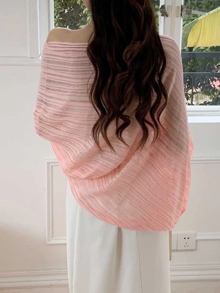 Beige Hollow Out Knitting Sweater Slash Neck Long Sleeve Women Pullovers New Fashion Tide Spring Summer