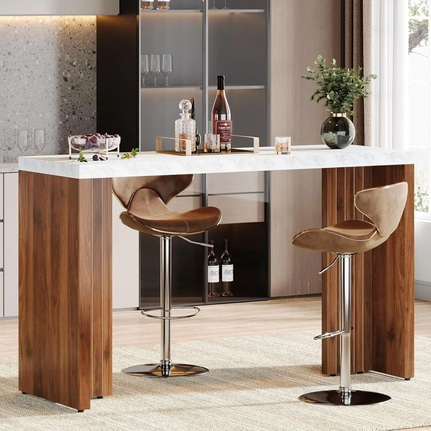 

55.12-Inch Bar Table, Modern Counter Height Pub Table with a Faux Marble Tabletop, Rectangular Home Coffee Bar Unit for