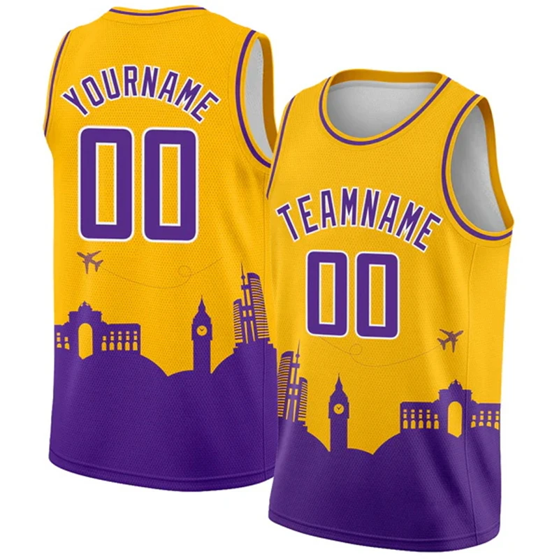 Custom Basketball Jersey Tank Top Printed Team Name & Number Logo For Adult Kid Youth, Personalized Gold Purple Basketball Shirt
