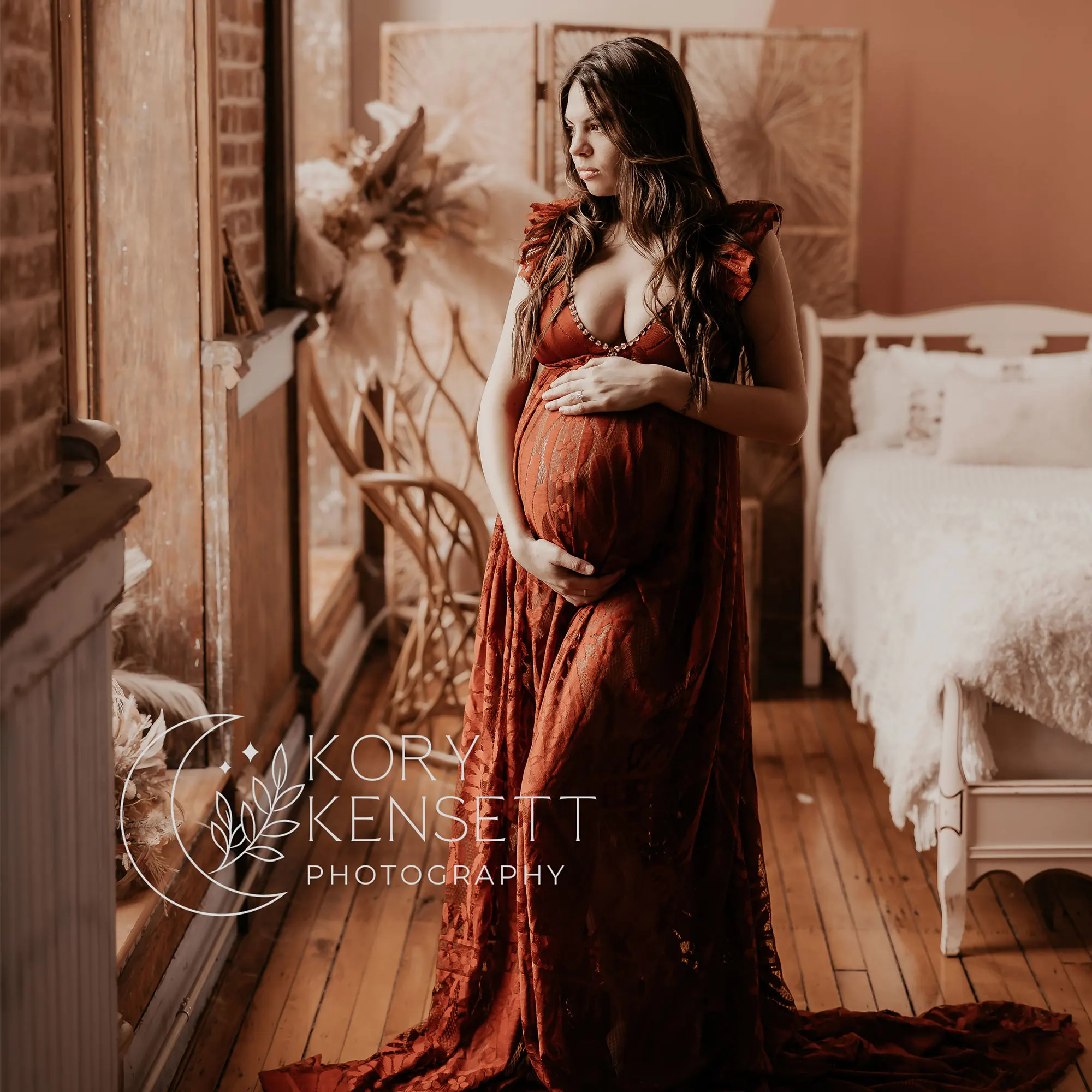 Don&Judy Cap Sleeve Lace Patchwork Maternity Evening Gown V-Neck Ruffle Trim Sheer Mesh Maxi Dress with Sweep Train Elegant
