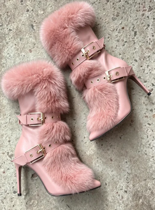 Metal Buckled Fur Mid Calf Boots Women High Heels Pointed Toe New in Winter Warm White Boot Luxury Designer Big Size Shoes