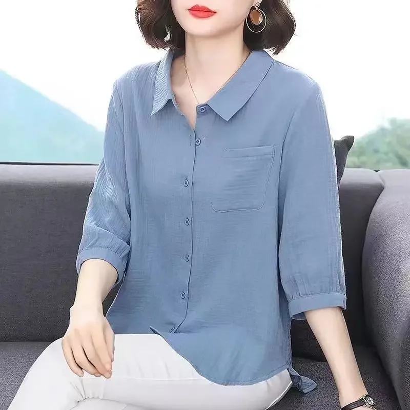 

Loose Thin Lapel Solid Color Panel Pocket Button Cardigan Pure Cotton Shirt 3/4 Sleeve Top 2025 New Summer Women Simple Commute