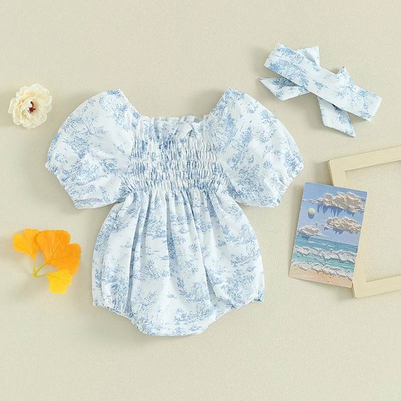 

Newborn Baby Girls Rompers Floral Print Ruched Puff Sleeve Toddler Bodysuits Summer Clothes Infant Jumpsuits with Headband