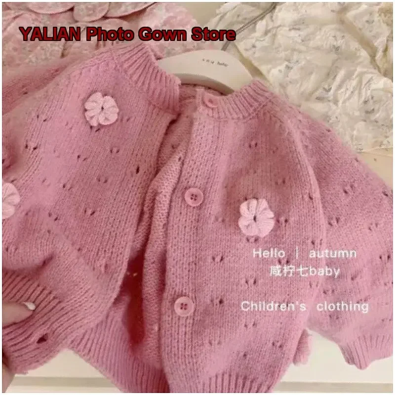 Girls Knit Cardigan Boys Kids Spring Autumn Pink Floral Print Fashionable Jacket