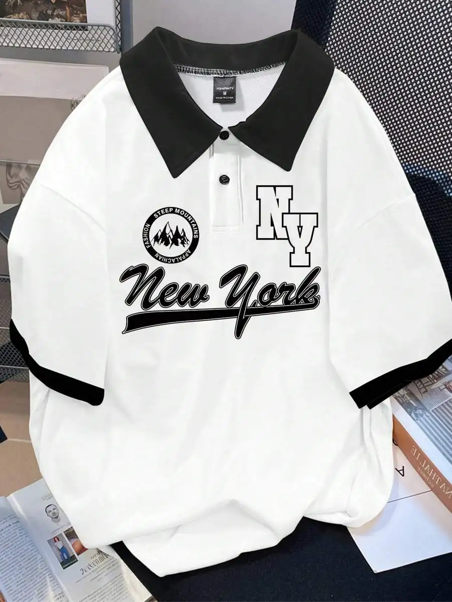 

Men's White Black Contrast Collar Short Sleeve Polo Shirt with Graphic Print