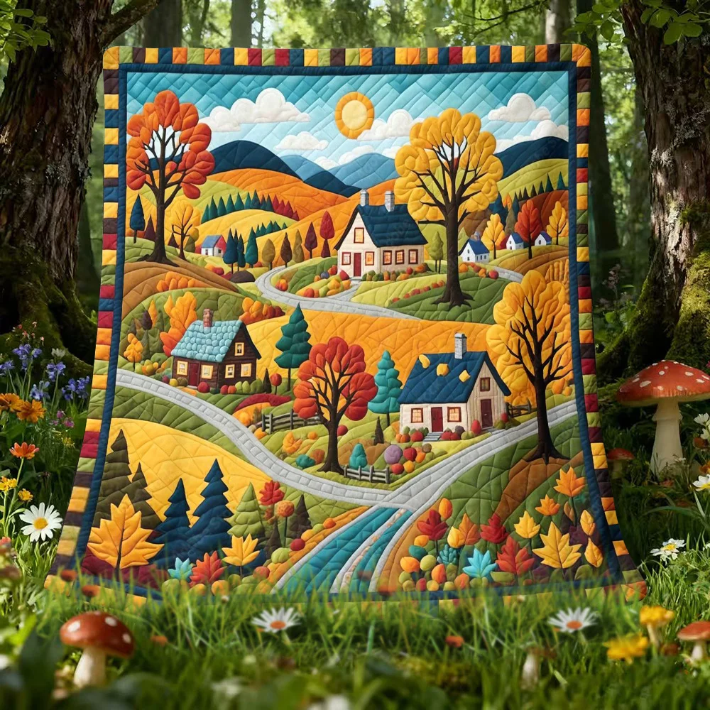 Autumn Landscape Quilted Blanket Fall Foliage Farmhouse Throw Soft Flannel Fleece Bedding Sofa Cover Home Decor Warm Plush