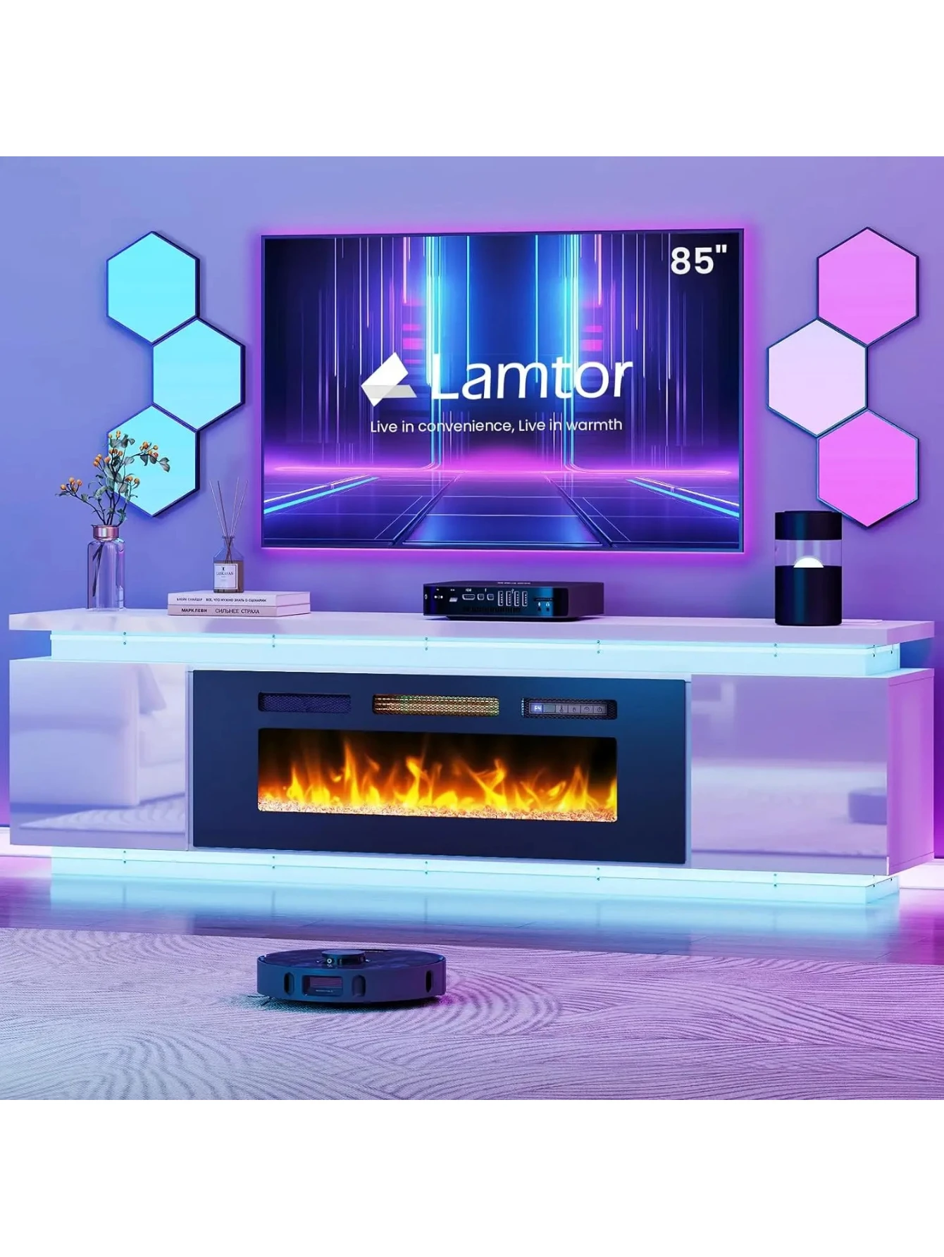Fireplace TV Stand for  2 RGB LED Lights,TVs up to 85