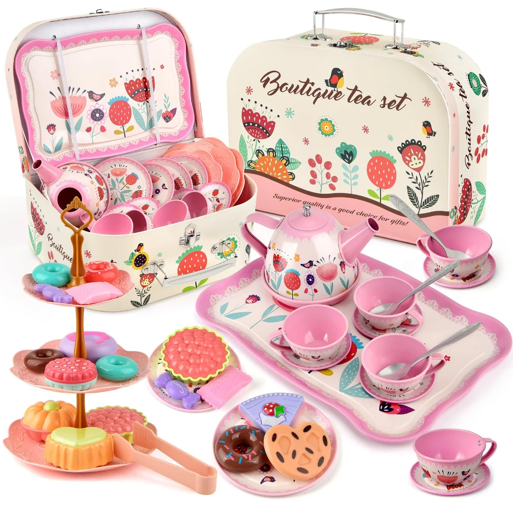 WizKidz Princess Tea Party Set for Little Girls with Teapot Desserts Cookies Doughnut Tray Tablecloth & Carrying Case for Age 3+